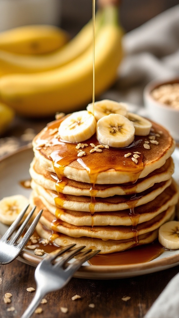 A stack of fluffy banana oat pancakes topped with banana slices and syrup on a rustic plate.